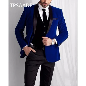 Blue Velvet Suit Men Blazer Shawl Lapel Formal Night Men Suit With Pants Vest Prom Slim Fit Tuxedo Terno Jacket Costume Homme