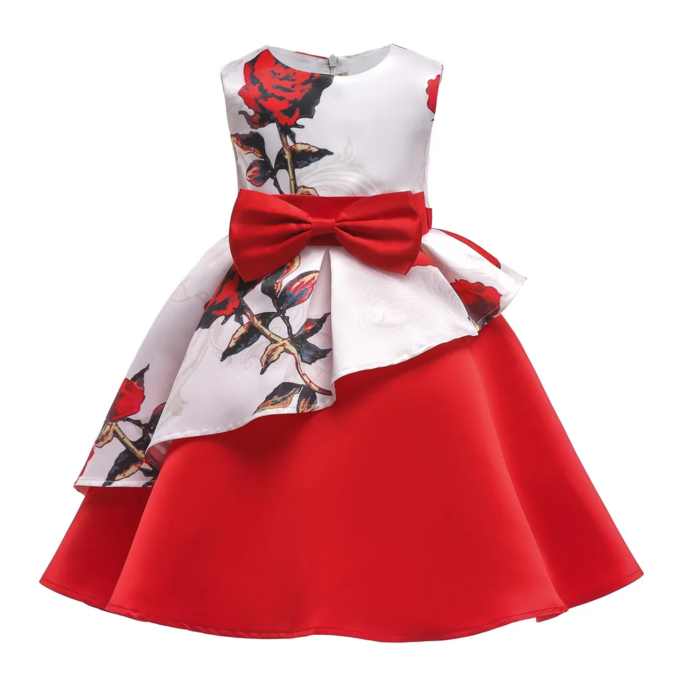 Spring Printed Flower Bow Party Dresses for 6 Year Old Girl