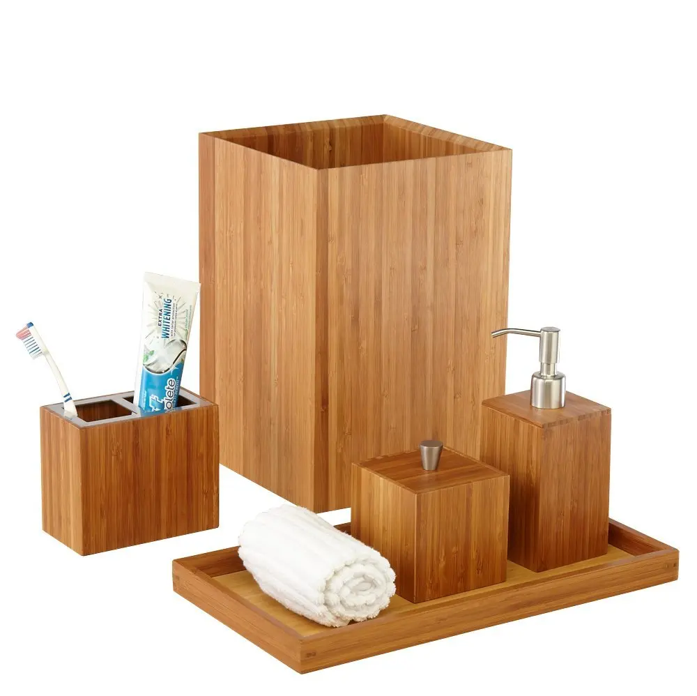 5 Piece Bamboo Bath Vanity Bathroom Essentials Accessory Set Buy Bathroom Essentials Set