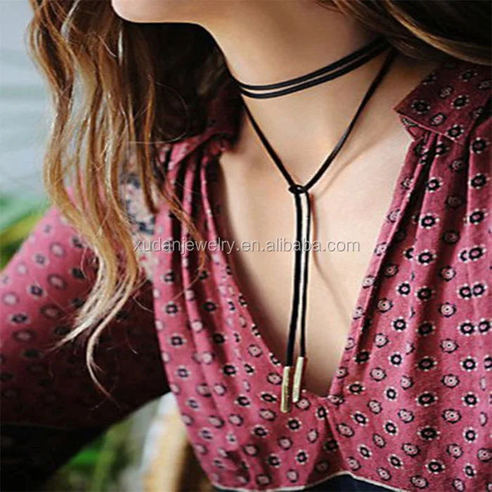 2023 Fashion Style Long Sexy Faux Suede Bolo Wrap Tie Choker Necklace for Women