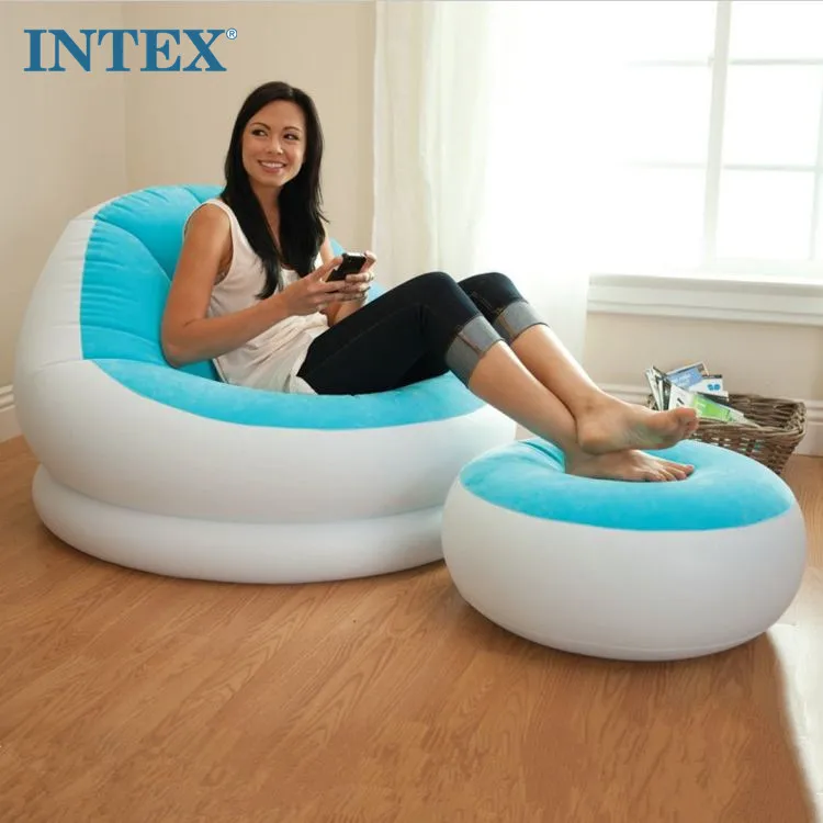 Intex 68572 Traditional Style Inflatable Air Chair Comfortable One Seat Sofa Alternative for Living Room Foldable Plastic Design
