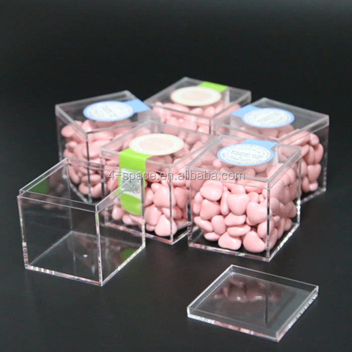 Clear Cube Shaped Box with Hinged Lid and Personalized Label Crystal Clear Acrylic Favor Box