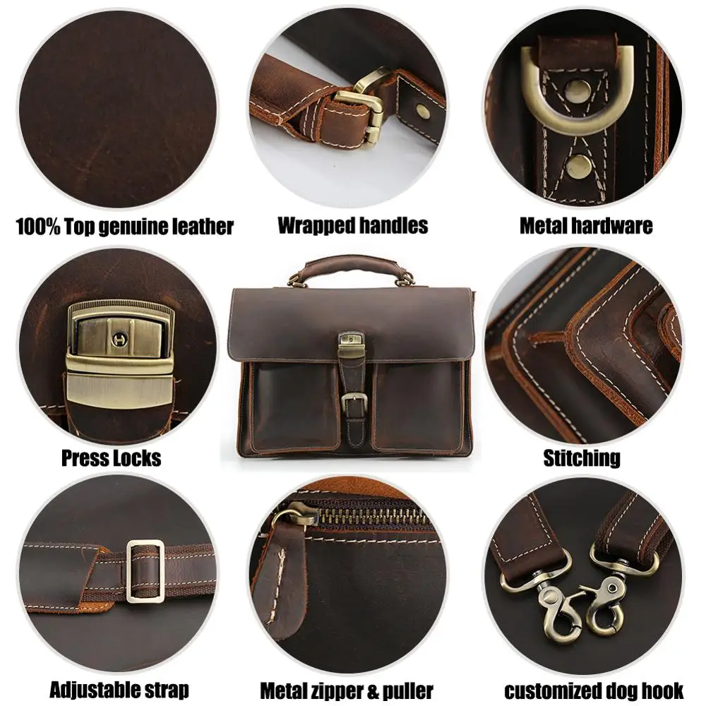 TIDING Custom Classical Vintage Crazy Horse Leather Mens Business Briefcase Combination Key Lock