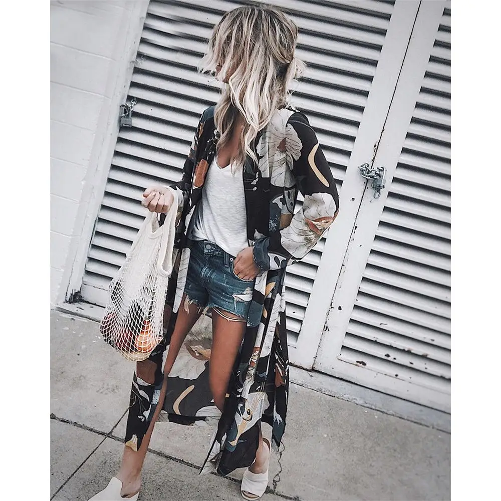 thumbnail interactive-video image 1 of Women's Floral Kimono Cardigan - Boho Chiffon Cover Up For Beach & Casual Wear 1 of 10
