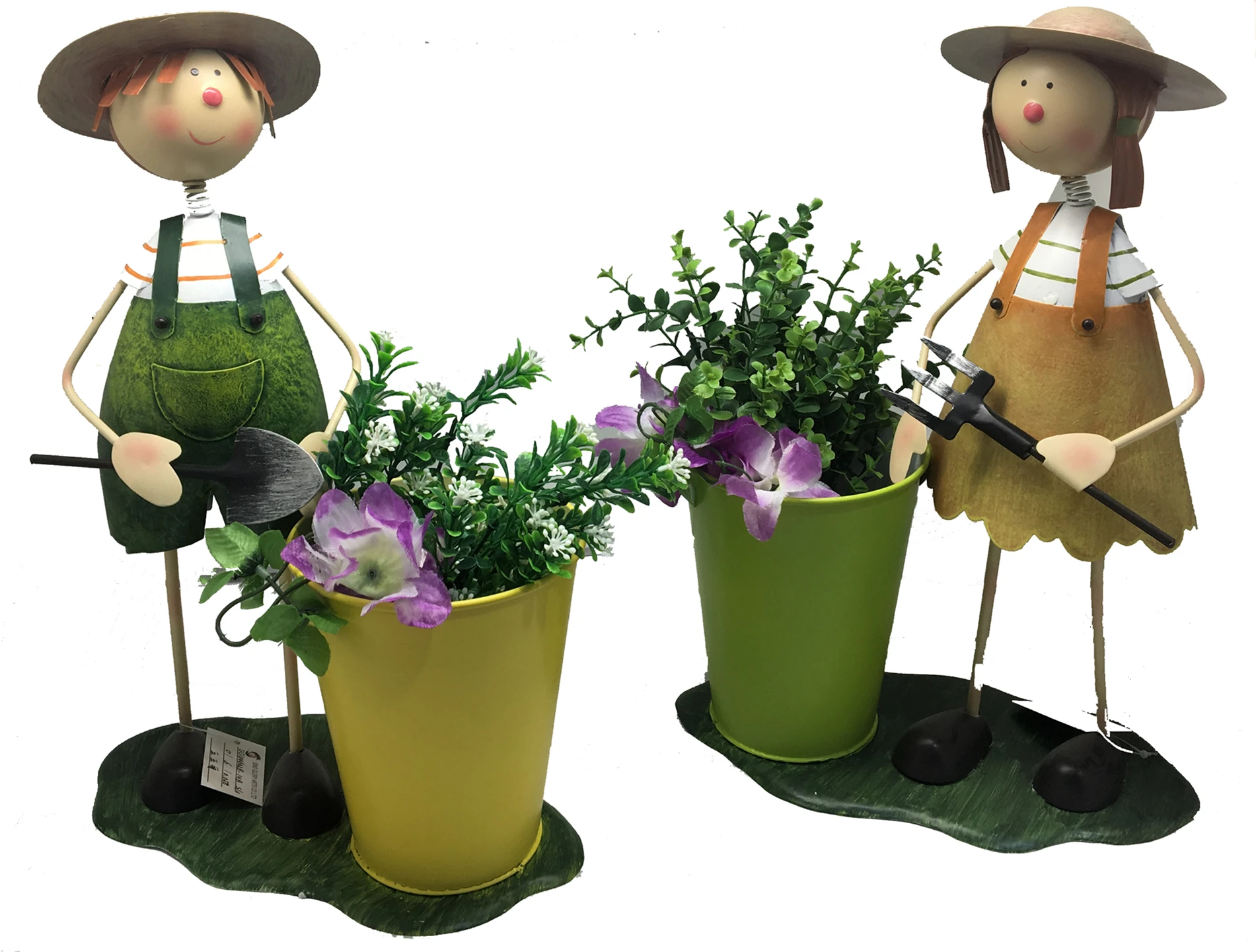  of Boy and Girl with Plant Stand Flower Pot Yellow and Green