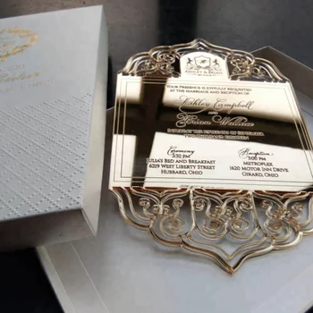 Elegant Laser Cut Engraved Gold Mirror Acrylic Wedding Invitations with Embossing Wedding Invitation Boxes