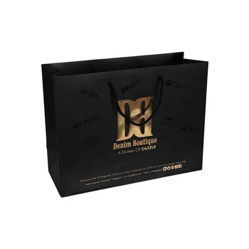 Personality custom printed black luxury brand retail shopping packaging clothing paper bag with logo