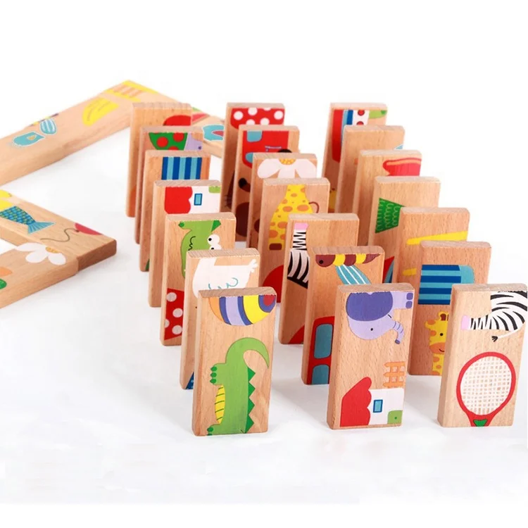 Animal Pattern Wooden Building Blocks Puzzle Toys Colored Dominoes for Kids