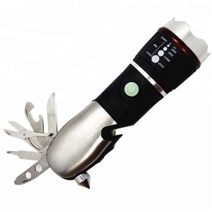 Multi Functional Camping Pocket LED Torch Zoom Multi Tool Stainless Knife Flashlight