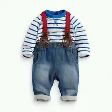 Hot New Baby Boy Long Sleeve T-shirt +Jeans Bib Pants Overall Outfits Clothes Set 2 Pcs