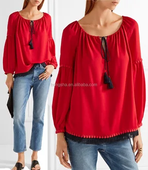 Red Peasant Fringed Hem And Guipure Lace-Trimmed Silk Fabric Ladies Blouse And Tops Designs For Fat Ladies HSD5686