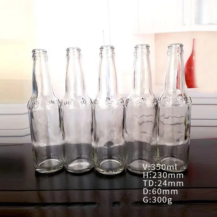 Clear Empty 350ml Glass Beer Bottle Soda  Long Neck  Glass Bottle with Crown Cap