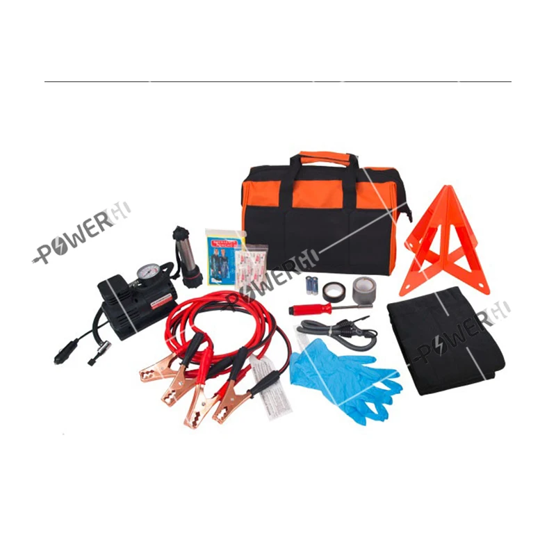 Multifunctional Car Tool Kits Emergency First aid kit Triangle Bag - Contains Jumper Cables, Tools, Reflective Safety Triangle and Safety Ham Car Emergency Kit Roadside Assistance Auto Emergency Kit