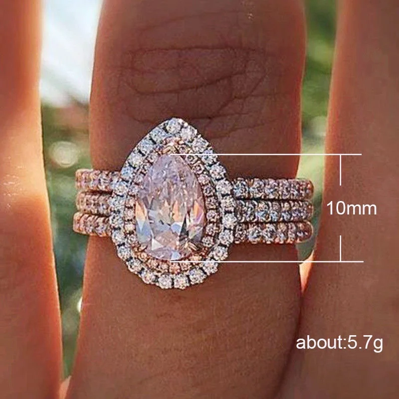 Caoshi Unique Water Drop Design Three Layers Pink Stone Ring for Girls Shiny Women Pink Diamond Ring