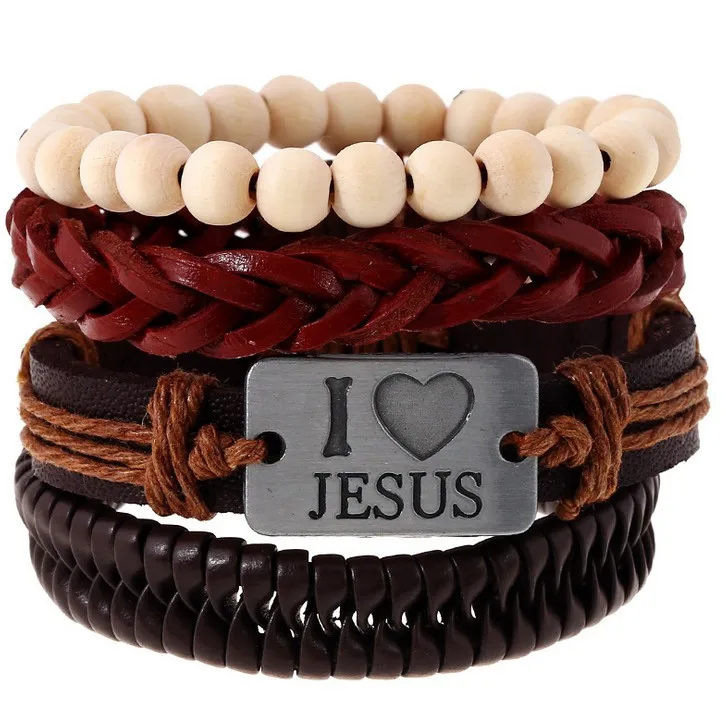 I Love Jesus Beaded Leather Multi Layer Bracelet Wholesale