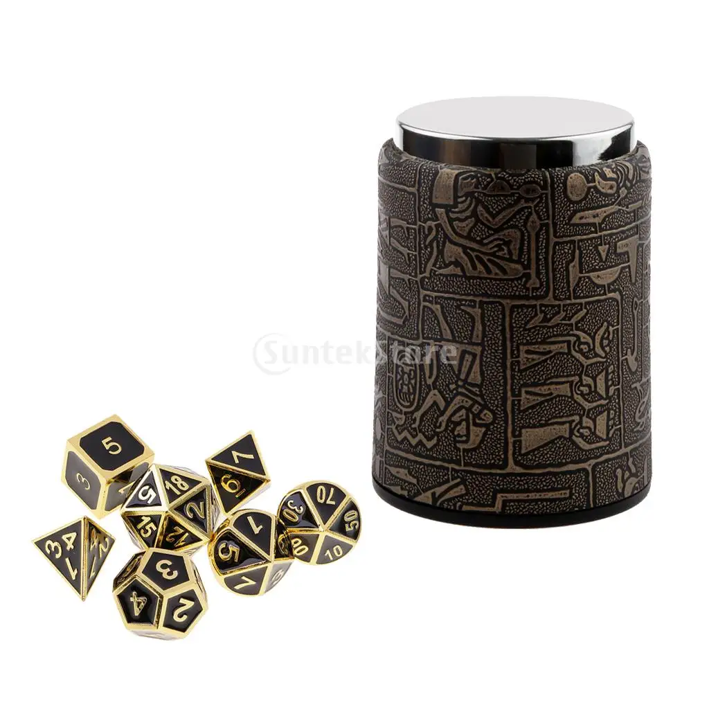 Egyptian Dice Cup with 7pcs Bronze Metal Polyhedral Dices for DnD Pathfinder