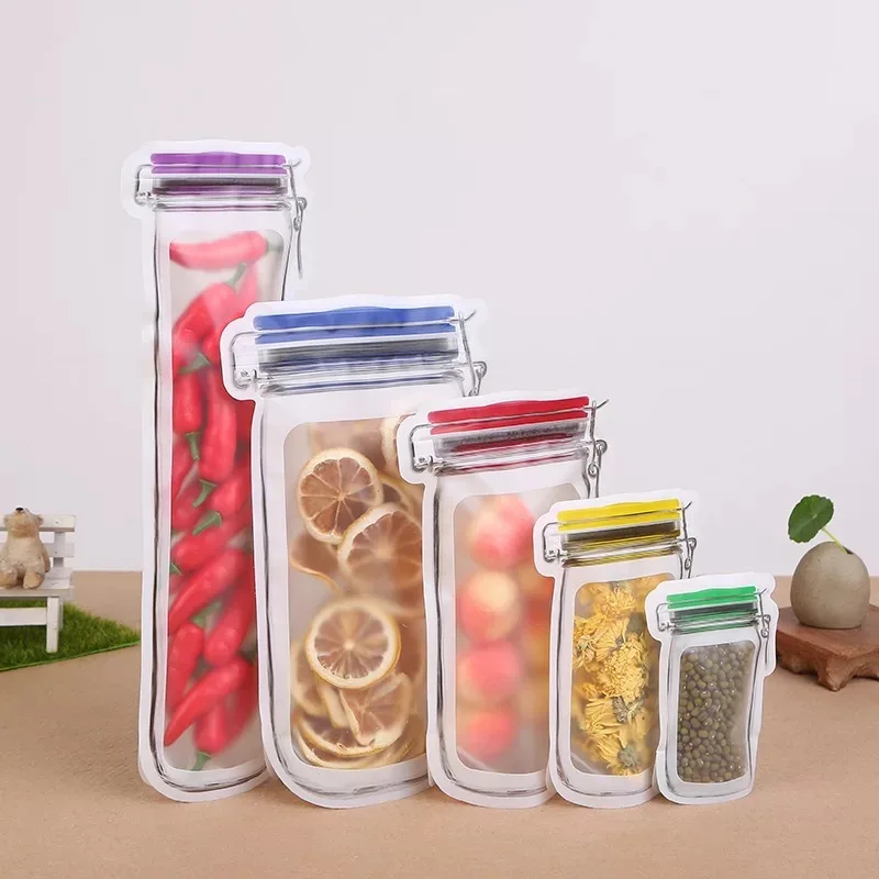 Reusable Mason Jar Ziplock Bags Portable Bottle Shape Smell Proof Stand up Zipper Bag Plastic Ziplock Pouch With Matte Window