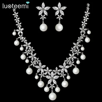 LUOTEEMI Women Exquisite Rhodium Plated Sea Shell Pearl Clear Sparkling CZ Flower Luxury Bridal Wedding Jewellery Set