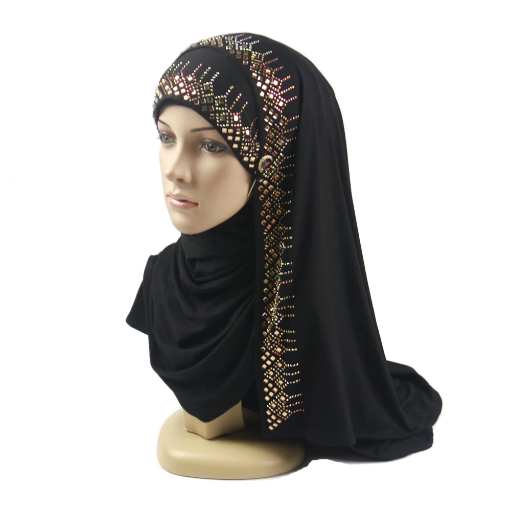 2021 Wholesale Plain Black Rhinestone Diamond Scar Shawl Stretch Jersey Cotton Hijab With Golden Stone for Women