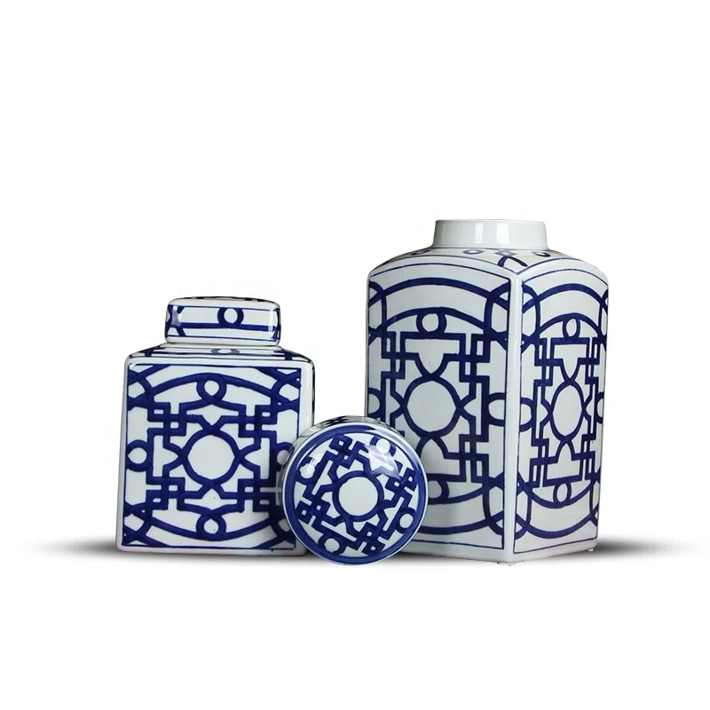 High  Quality square Blue and White Ceramic Garlic Salt Cookie Jar for Storage
