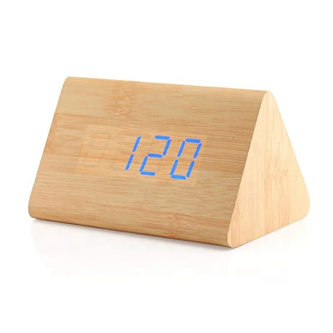 Alarme en Bois LED Horloge numérique Son Activated Bamboo Cube Horloge pour PC de Bureau Accueil Voyage Regard 