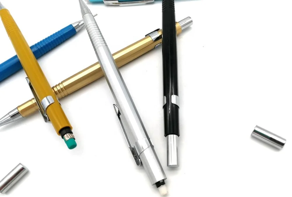 
 Металлический механический карандаш многоугольной формы с верхним ластиком внутри  