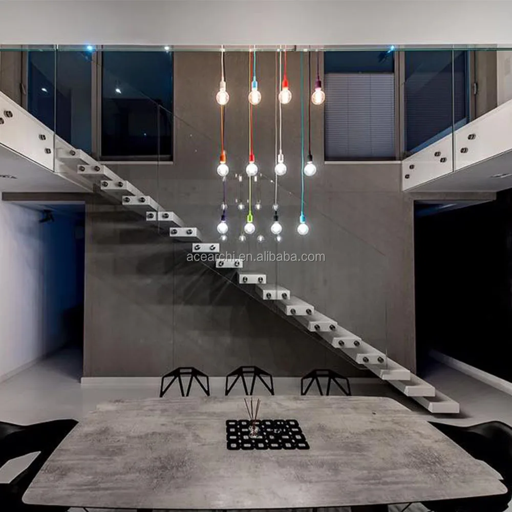 Modern Design Floating Staircase with LED Light Straight Staircase Stringer Hidden