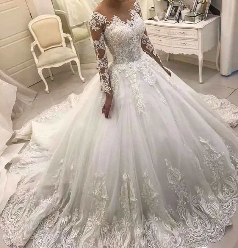 Elegant Appliqued Lace Illusion Long Sleeve V Neck Ball Gown Wedding Dresses Bridal Gowns 2019 Alibaba