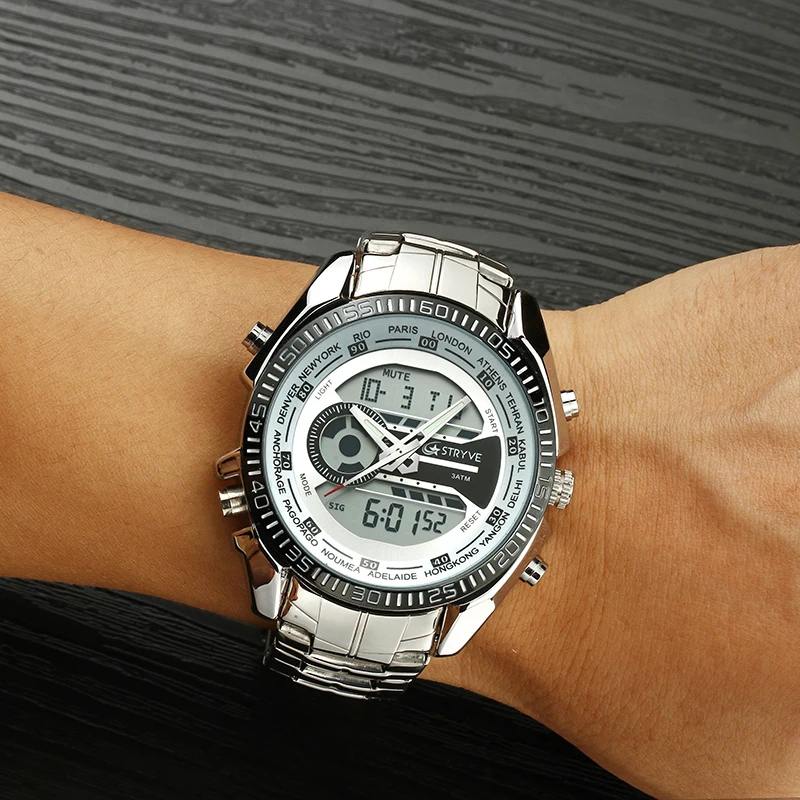 Stryve Brand Luxury Watch Dual Time Chrono Clock Stainless Steel Heavy Dial Waterproof Sports Men Quartz Wrist Watches
