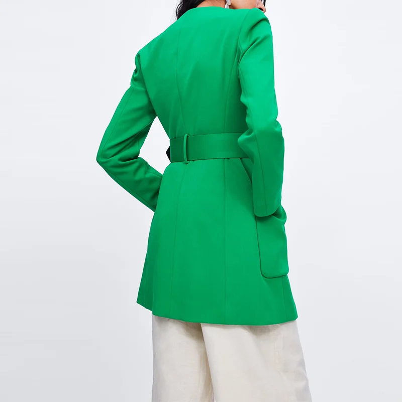 2020 New Arrival Green V Neck  Belt Frock  Blazer Women Office Ladies