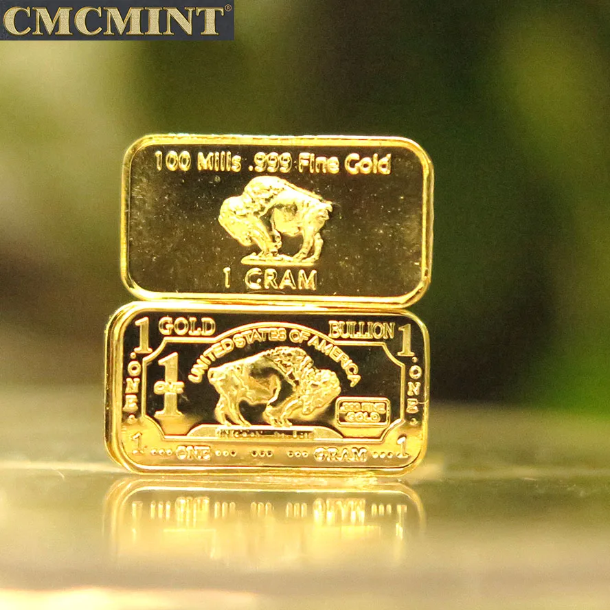 1 Gram .100 Mils Gold Plated Brass Buffalo Bars Clad Bullion With Plastic case Packing