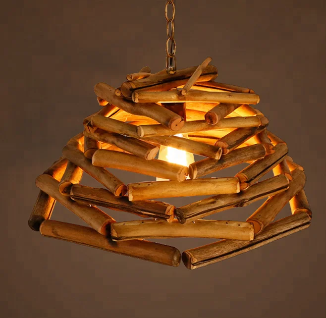 Triangle Shape Handmade Bamboo Hanging Lamp Shades Lighting Indoor Decoration Antique Wood Chandelier Pendant Lamp