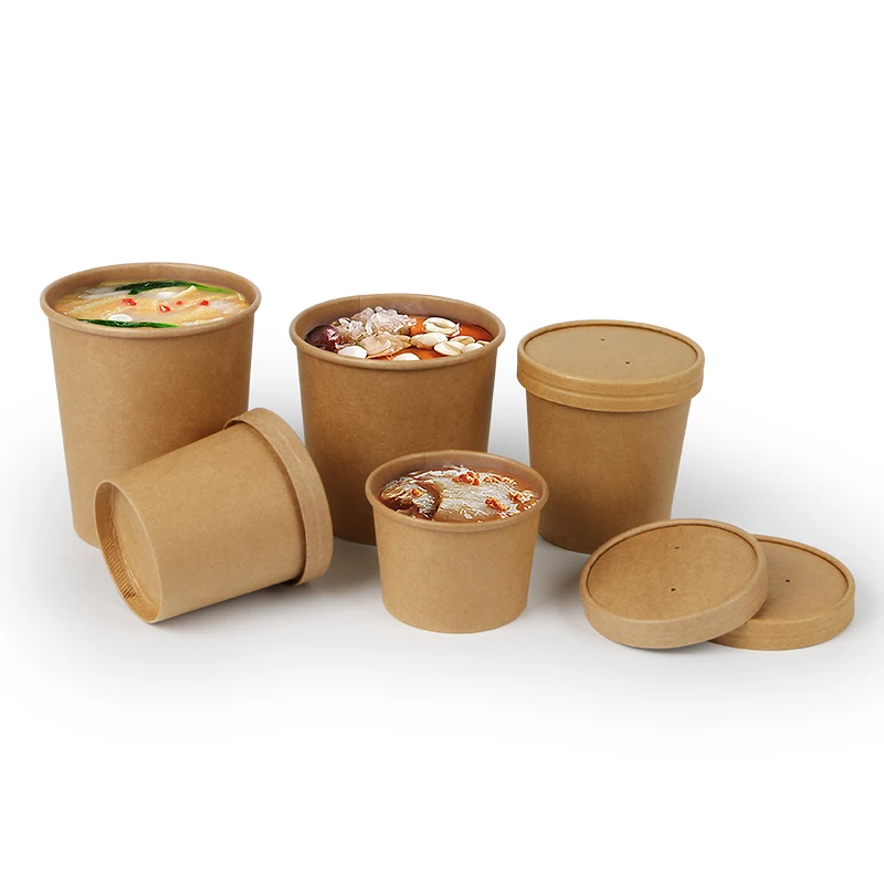 8oz 12oz 16oz 26oz 32oz Plastic Kraft Paper White Cardboard Soup Cup Bowl Container with Good Seal Lid for Hot and Cold Food