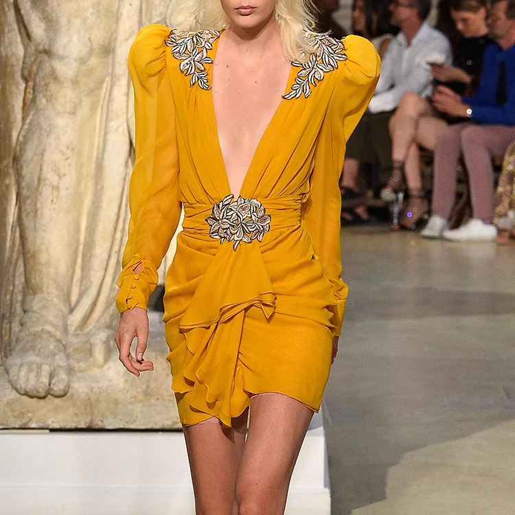 Dames Chiffon Jurk V-hals Vrouwen Sexy Party Geel Mini Jurk