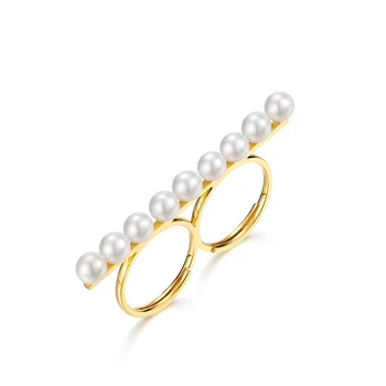 Unique design 925 silver multi pearl gold long bar double two finger ring