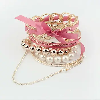 Wholesale kids charm bracelets plum fabric fashion bracelet gold plated artificial pearl bangles PB1758