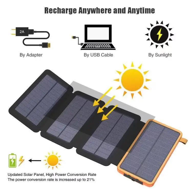 Outdoor Powerbank with 3 Fold Solar Panel 10000mah 20000mah 30000mah Phone Laptop Charger Waterproof Portable Solar Power Bank