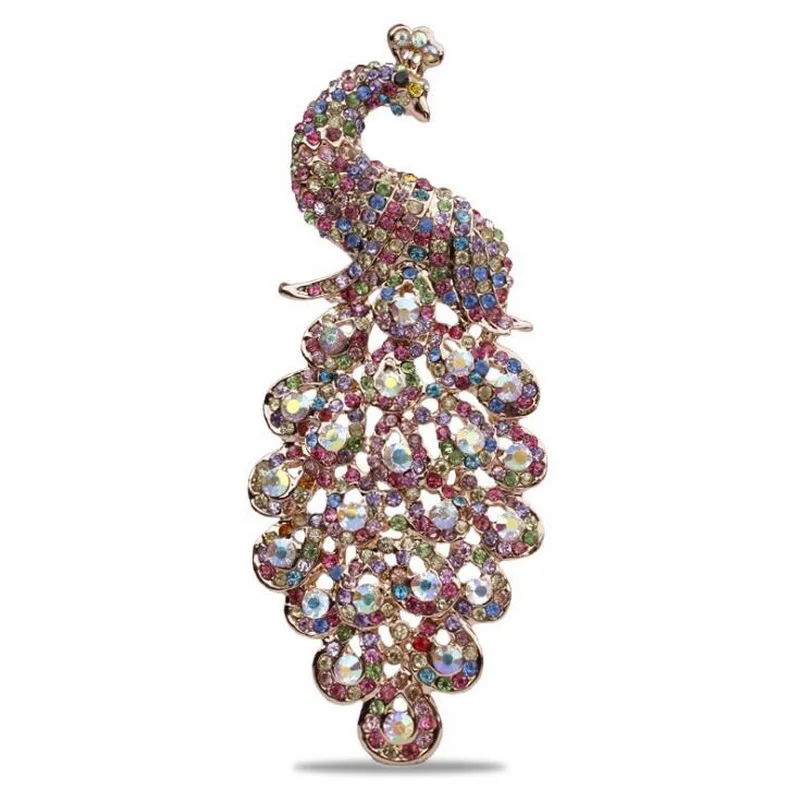 Factory Direct Sale Large Size Sparkly Crystal Rhinestones Pave Peacock Decor Brooch in Assorted Colors