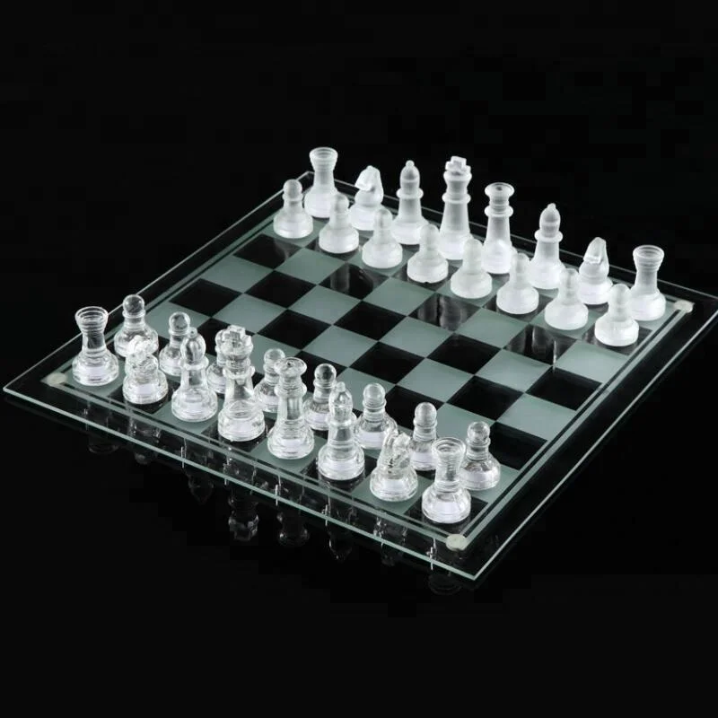 Glass Chess Set and Checker Board Elegant White and Frosted Pieces 7.5"