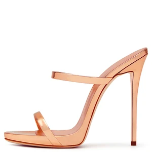 2018 Two Straps Ladies Cute Shoes Stiletto Dress Shoes High Heels Strappy Sandals Women Sexy Patent Leather Rose Gold Mules