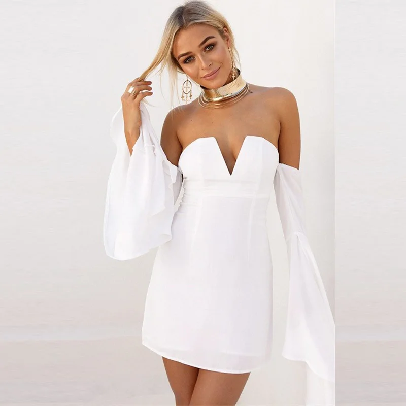 white long sleeve dress off the shoulder