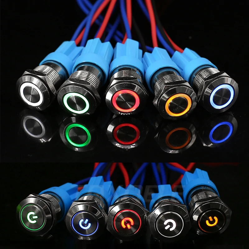 12mm LED Light Metal Push Button Switch 5 Colors 4 Pin Annular Car Power signal Power Button Switch 3V 6V 12V 24V 220V