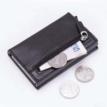 Personalized Customized RFID Ultra Slim PU Leather Aluminum Minimalist Men Wallet with Zippered Coin Purse