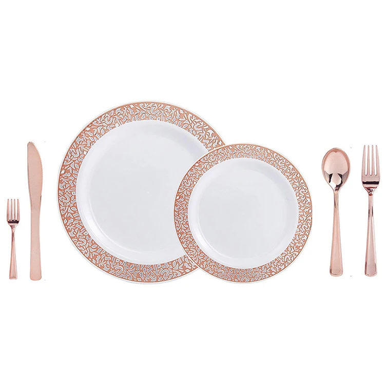 Details about   Rose Gold Plates with Disposable Plastic Silverware Elegant Tableware 100 Pcs 
