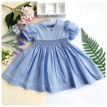Children frocks design dress kids clothes white blue pink beige cotton boutique short sleeve smocked dresses 2-7Y wholesale