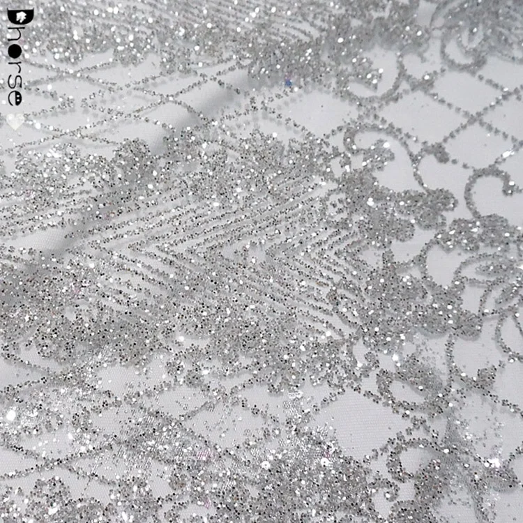 High End Netting Strip Broken Drill Silver Glitter Lace Fabric