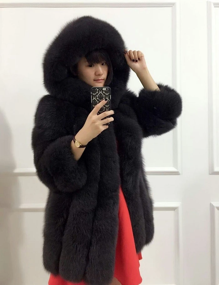 red fox fur coat with hood