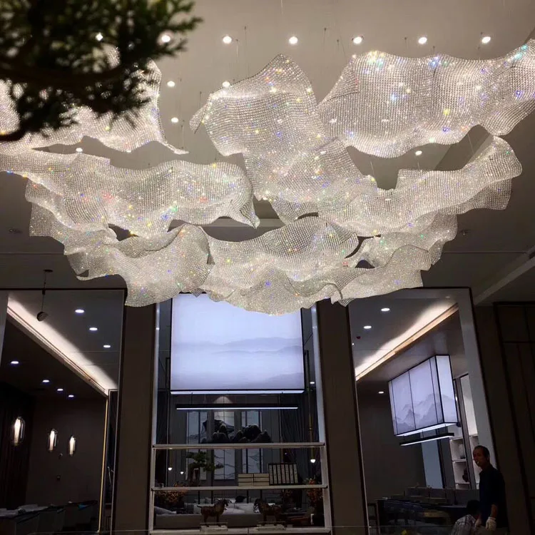 Custom Non-Standard Engineering Woven Net Pendant Lighting Large Crystal Chandelier For High Ceiling of Hotel Lobby