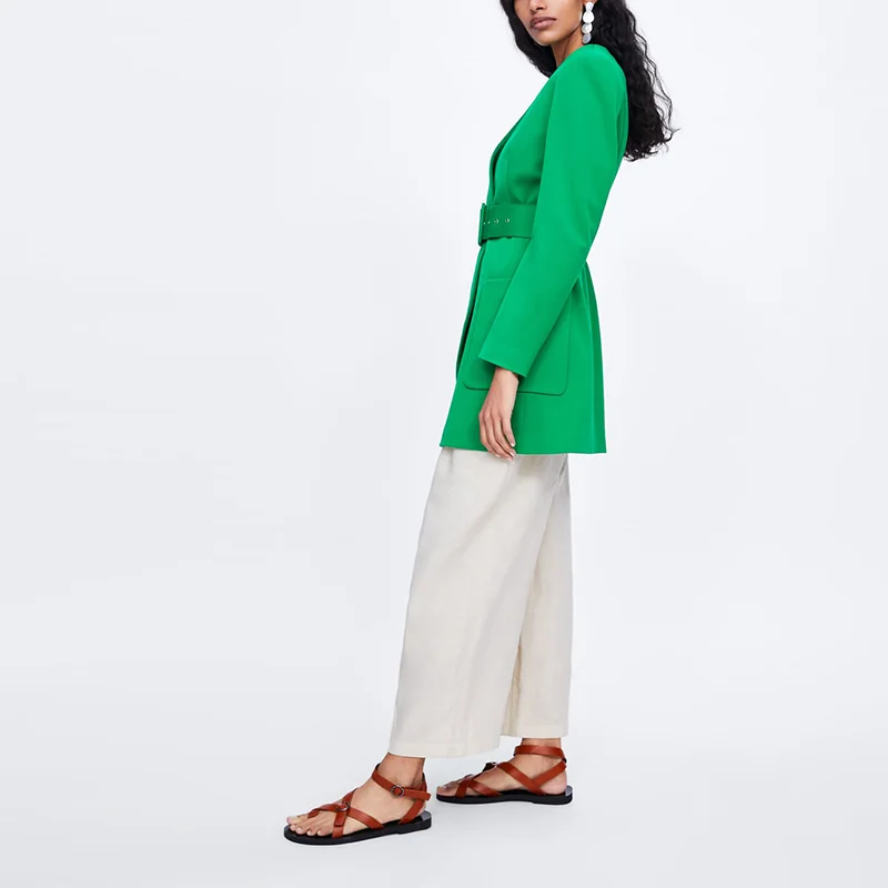 2020 New Arrival Green V Neck  Belt Frock  Blazer Women Office Ladies