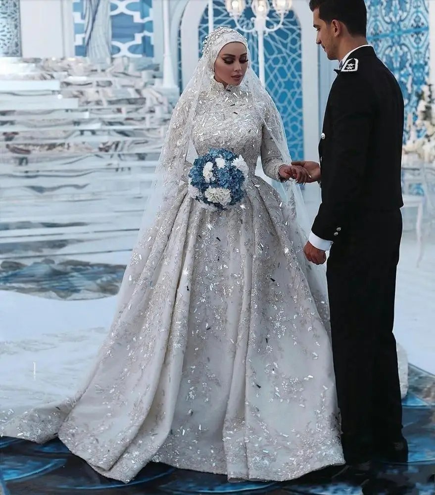 2019 High Neck Long Sleeve Lilac Lace Mermaid Muslim Wedding Dress Size 6 8-12++